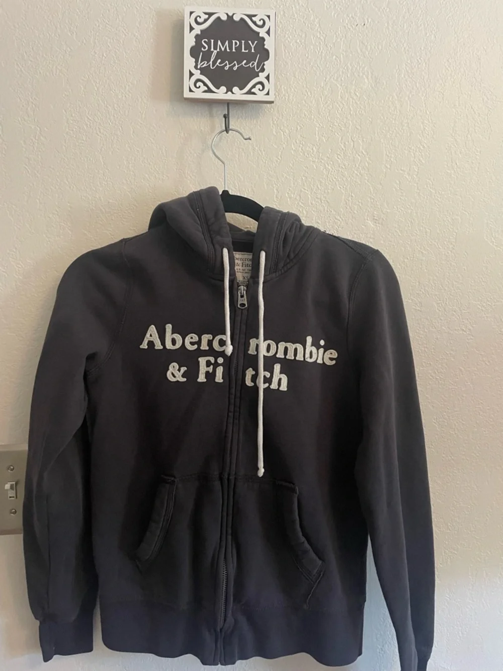Abercrombie & Fitch Charcoal Hoodie with White Drawstrings - Picture 1 of 3